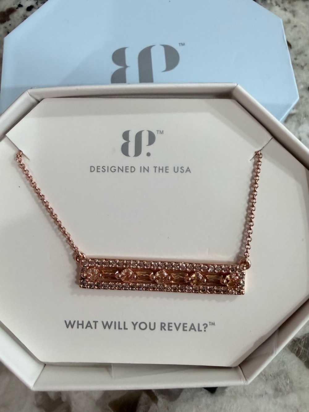 bp Rose Gold Crystal Bar Pendant Necklace